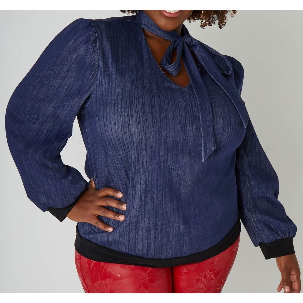 PLUS Size 22/24 3X | Women’s Tie Neck Textured Stretch Denim Top Blouse | NWT